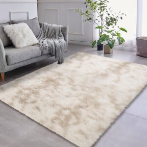 gaomon 9x12 fluffy area rugs or bedroom furry rug for living room, fuzzy shag fur rug for nursery room tie-dyed non-skid plush throw rug shaggy accent rug for indoor home floor carpet, beige/taupe