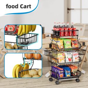 Simple Trending 4 Tier Rolling Cart, Stackable Fruit Vegetable Basket with Wheels and 2 Hanging Basket, Kitchen Storage Metal Wire Basket Stand for Vegetable Bread Snacks, Black