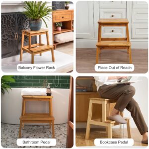 QKFF Step Stool for Adults and Kids, Acacia Wood 2-Step Stool with Anti-Slip Wider for Bedside, Kitchen Step Helper, Bathroom Bedroom Nightstand