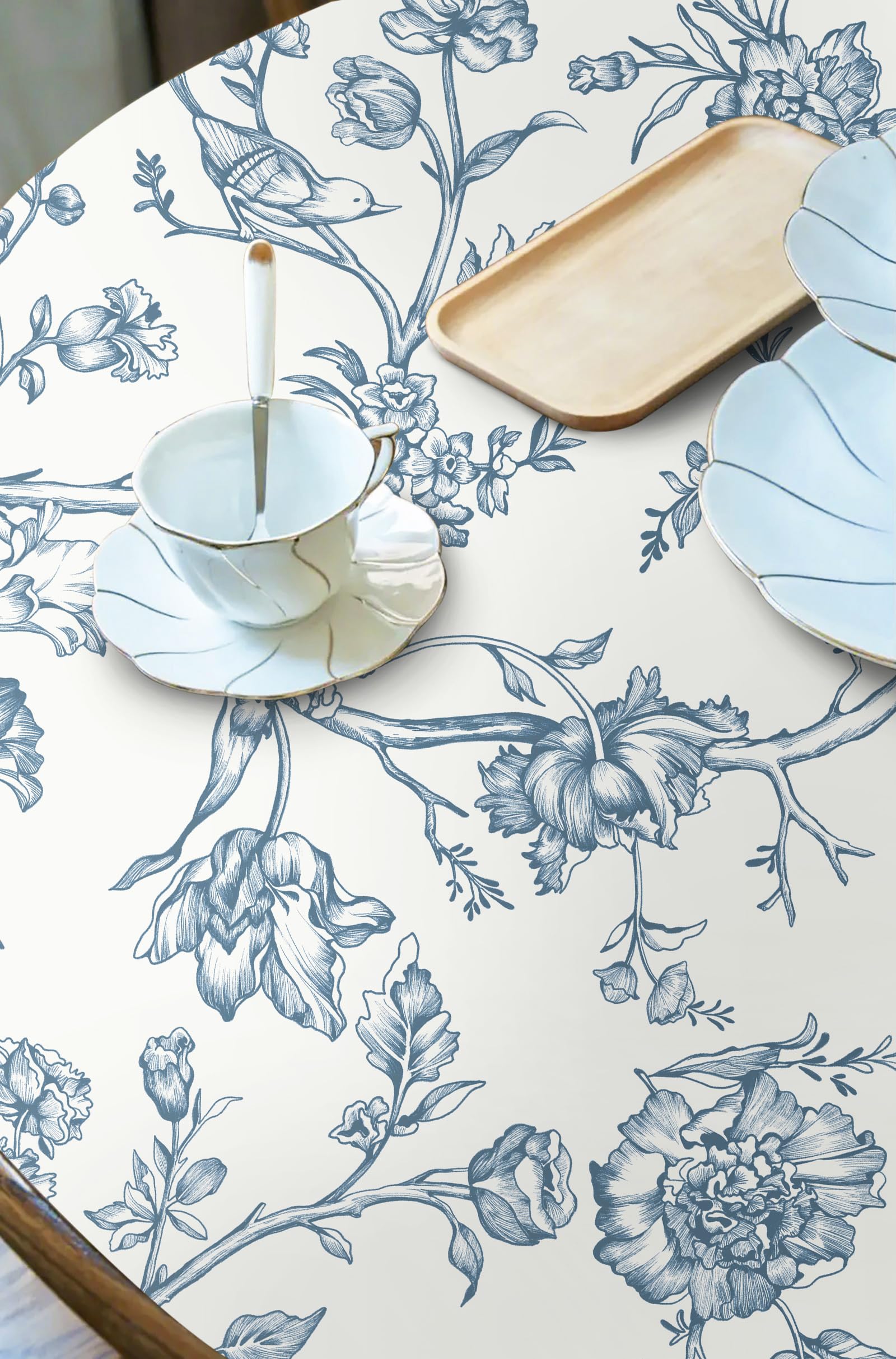 Safiyya Peel and Stick Wallpaper Floral Birds Contact Paper Blue White Wallpaper Peel and Stick Removable Wallpaper Boho Wallpaper Flower Contact Paper for Walls Vinyl Rolls 118"x17.3"