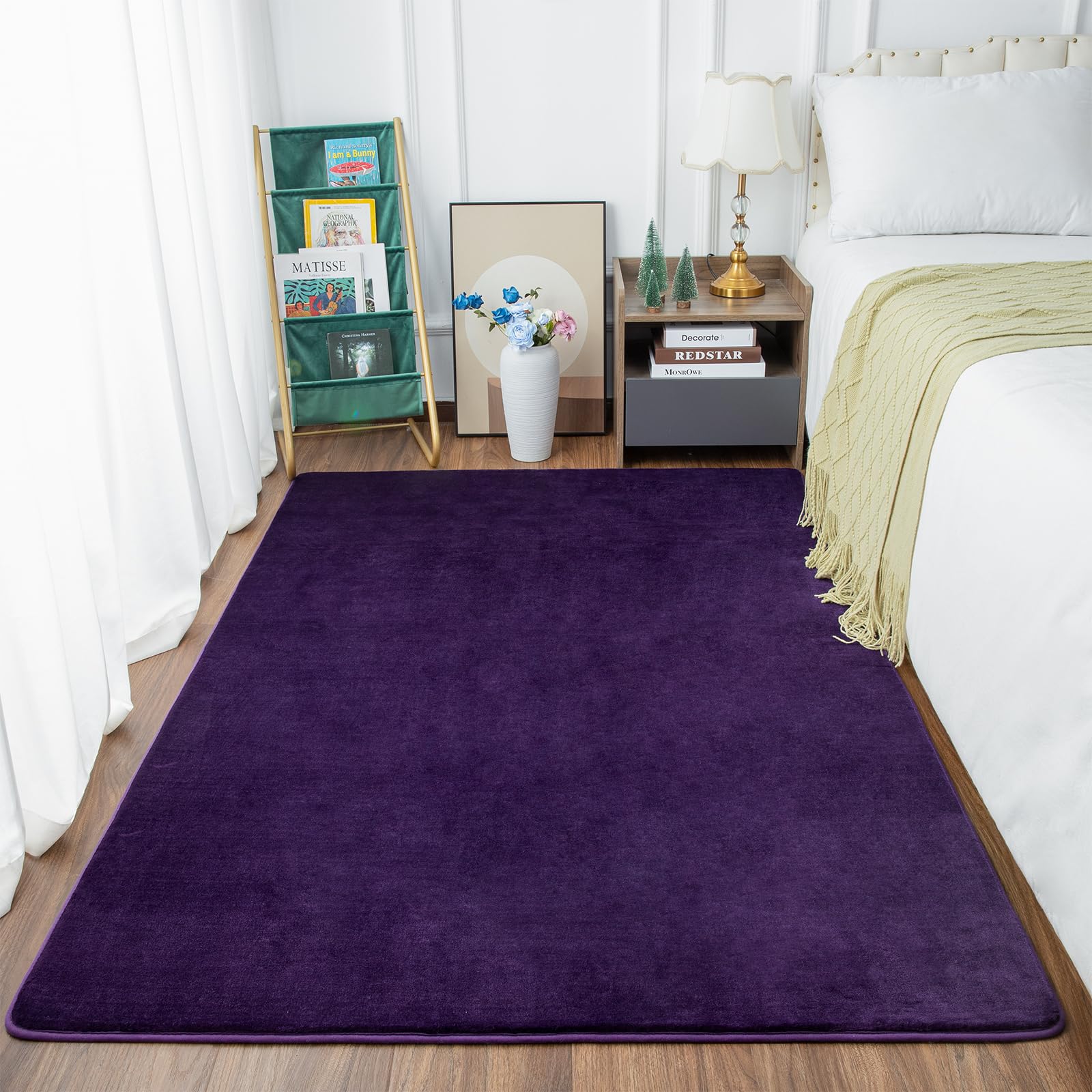 Przemy Washable Area Rug for Bedroom Living Room, 4x6 Feet Dark Purple Memory Foam Rug, Super Soft Modern Indoor Carpet for Bedside Kids Room Girls Boys Dorm Nursery Decor Mat