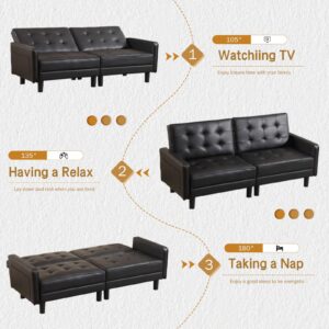 Houjud Futon Sofa Bed, Convertible Sleeper Sofa Modern Faux Leather Living Room Couch with Adjustable Backrests Loveseat Sofa Bed with Side Pockets for Studio, Office, Apartment (Black)