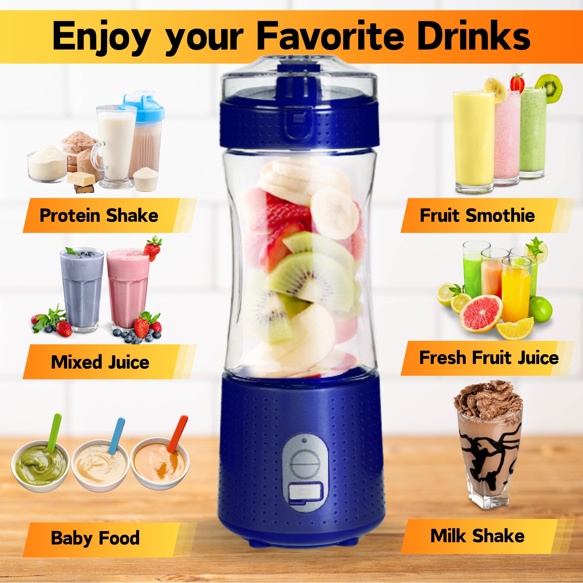 Compuaddict - Personal Blender Shakes and Smoothies 13 OZ Individual Mini Blender USB Rechargeable Fresh Juice Portable Blender Travel Blender (Blue)