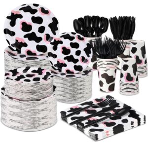 domensi 350 pcs pink cowgirl party supplies cow party tableware set serve 50 cow print plates napkins cups cow theme party decoration for cowgirl cowboy farm animal cow theme birthday baby shower