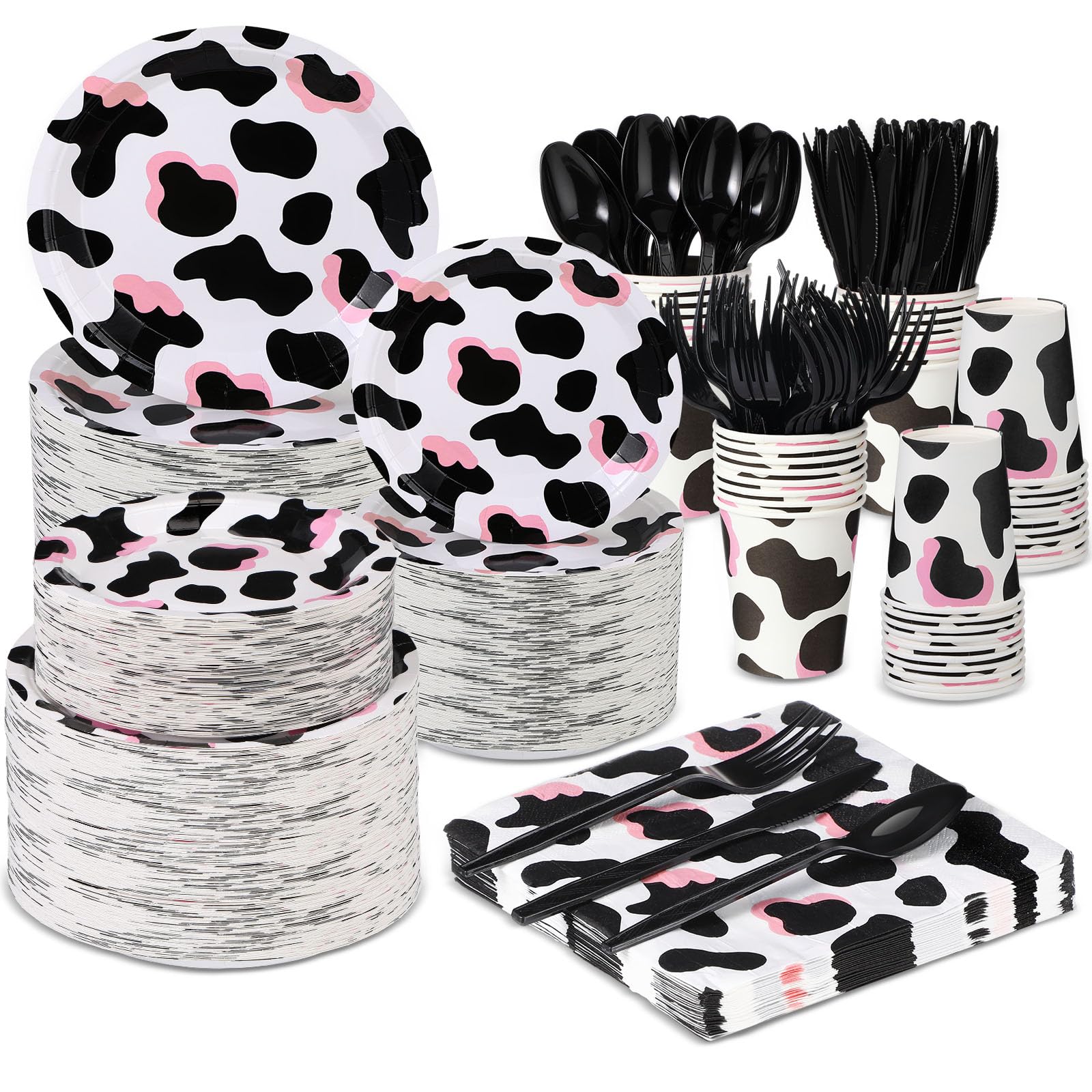 Domensi 350 Pcs Pink Cowgirl Party Supplies Cow Party Tableware Set Serve 50 Cow Print Plates Napkins Cups Cow Theme Party Decoration for Cowgirl Cowboy Farm Animal Cow Theme Birthday Baby Shower