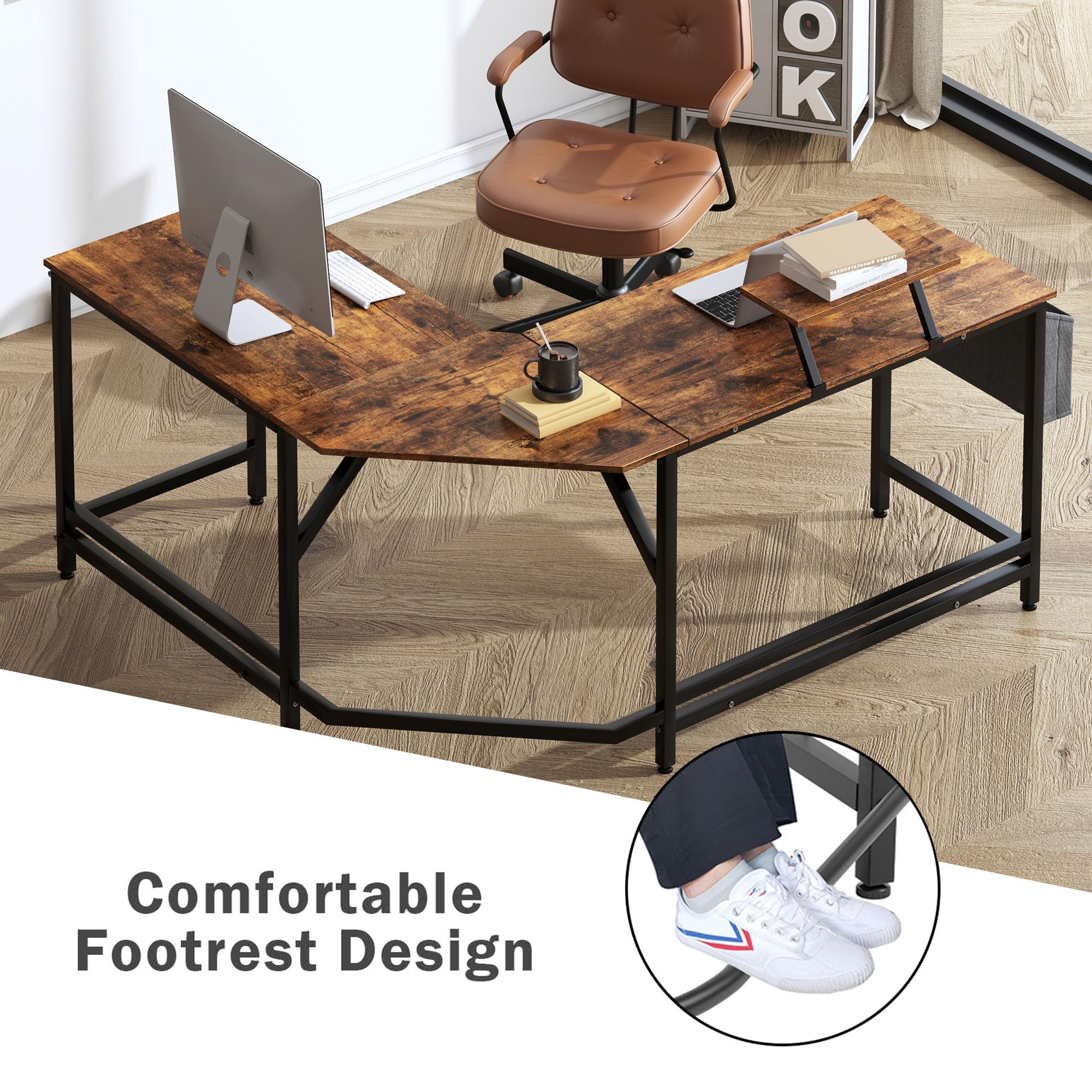 DlandHome Reversible L-Shaped Desk Large Corner Desk Folding Table Computer Desk Home Office Table Computer Workstation, Retro