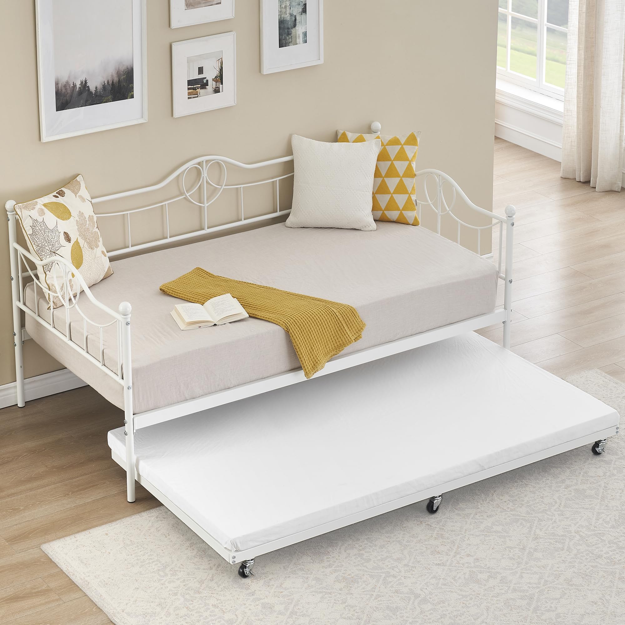 GAOMON Twin Day Bed with Trundle Bed Twin, Metal Daybed with Trundle, Daybed with Trundle Bed Frame, Steel Slat Support Sofa Bed for Kids Teens Adults, No Box Spring Needed, White