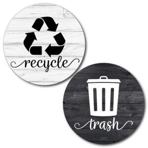 rustic trash recycle magnets for kitchen trash can and recycle bin, farmhouse garbage can logo symbol magnet, 3.5 inch recycle magnet for trash can with 4 adhesives, made in usa, combo wood