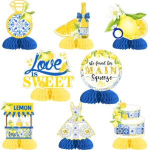 lemon bridal shower honeycomb centerpiece, she found her main squeeze centerpiece lemon centerpiece table decorations blue for lemon fruit bridal shower wedding engagement bachelorette party