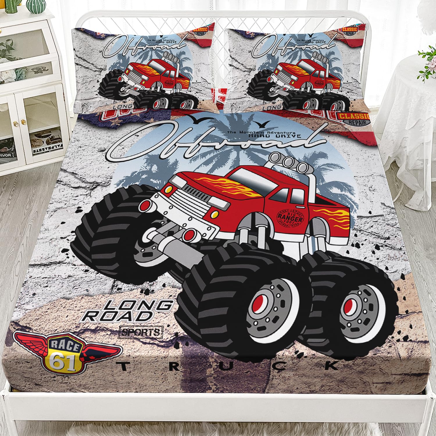 AILONEN Red Trucks Fitted Sheet Twin Size, 3D Print Monster Truck Bedding Set for Kids Boys Teen,American Flag Bed Sheet Set,Speed Race BedSheets Set,1 Fitted Sheet and 2 Pillowcases,3 PCS