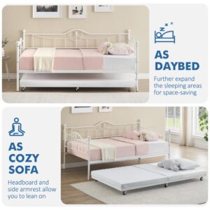 GAOMON Twin Day Bed with Trundle Bed Twin, Metal Daybed with Trundle, Daybed with Trundle Bed Frame, Steel Slat Support Sofa Bed for Kids Teens Adults, No Box Spring Needed, White