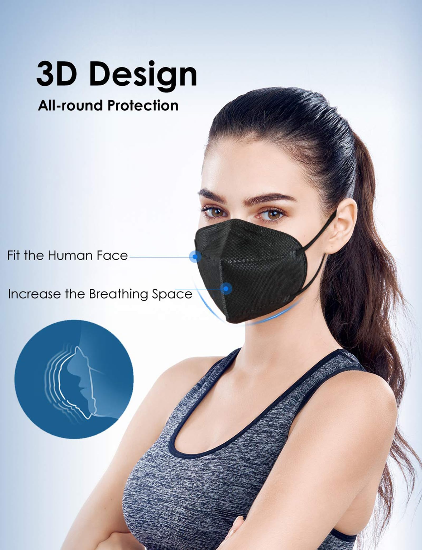 FASAOH KN95 Face Masks 100 PCS, 5-Ply KN95 Black Masks,Breathable Protection Masks, Individually Wrapped, Cup Dust Safety Mask