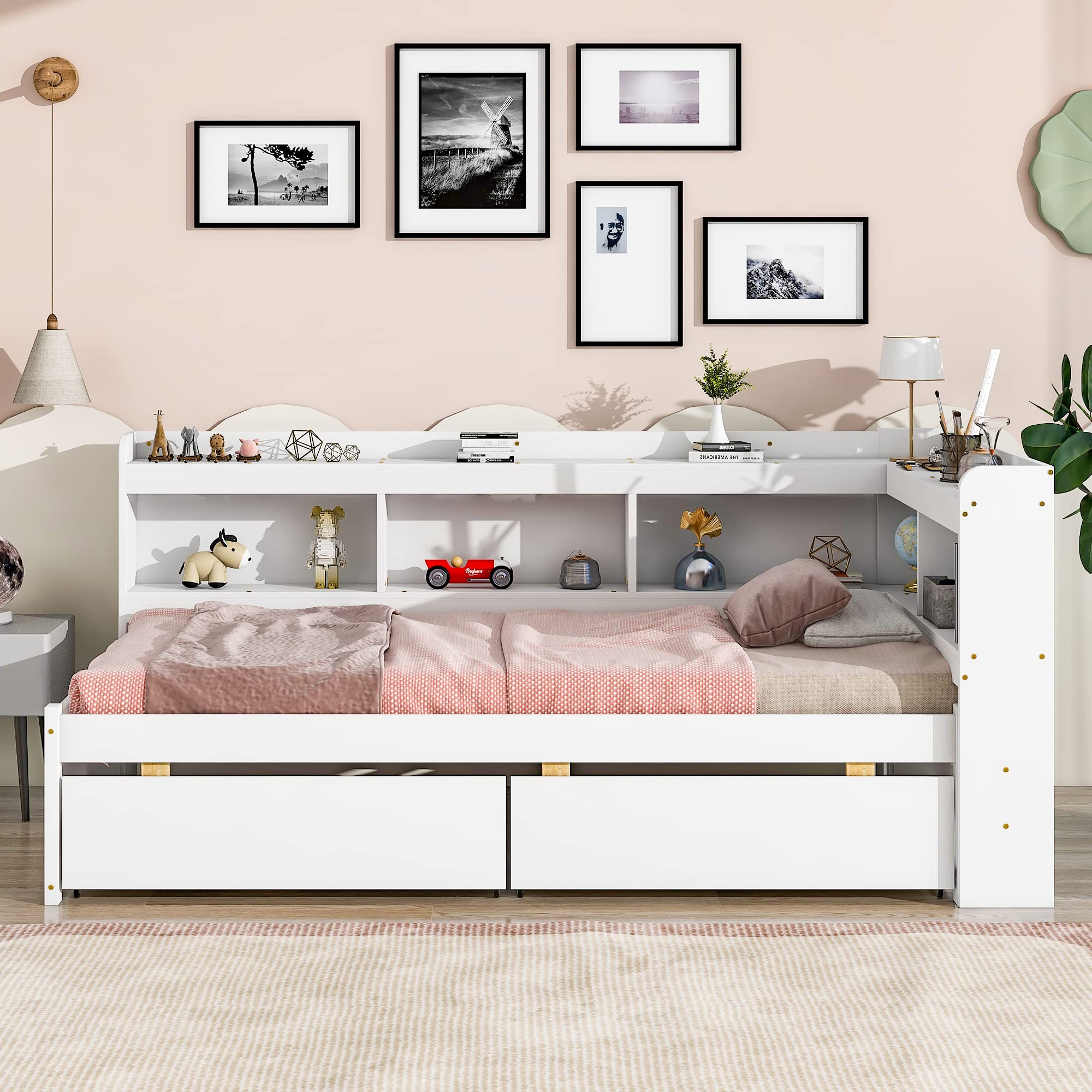 Twin Size Daybed Captain Bed Wooden Day Bed with 2 Drawers and L-Shaped Bookcases, Twin Bed Frame for Kids, Boys, Girls & Teens, No Box Spring Needed, White