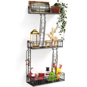 sumbame 3-tier fire escape wall shelf, black metal floating shelves, eye-catching wall mounted picture ledge shelf, unique knick knack shelf organizer, funky home decor for living room and more