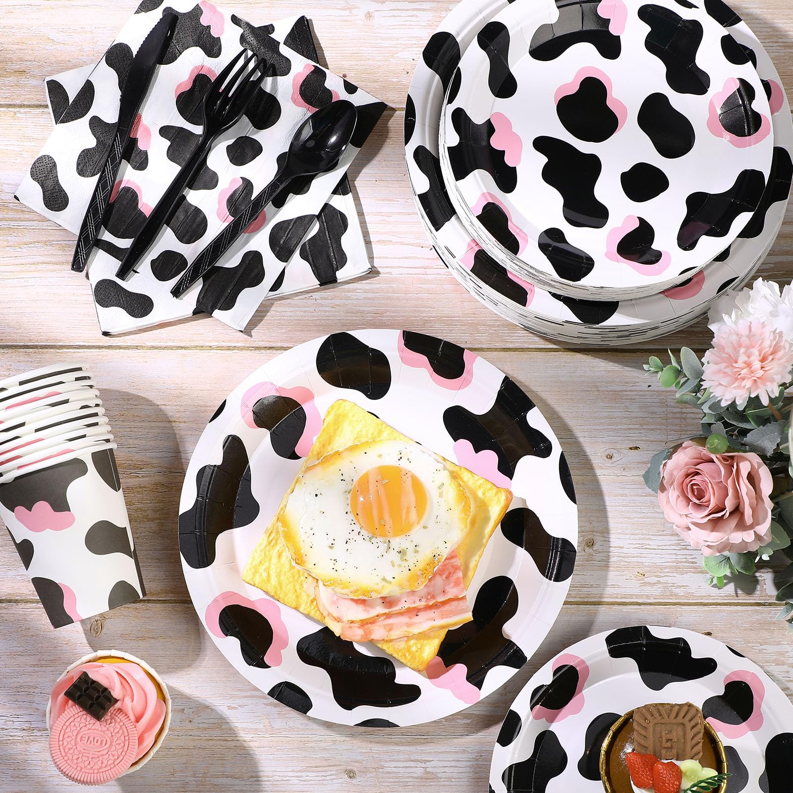 Domensi 350 Pcs Pink Cowgirl Party Supplies Cow Party Tableware Set Serve 50 Cow Print Plates Napkins Cups Cow Theme Party Decoration for Cowgirl Cowboy Farm Animal Cow Theme Birthday Baby Shower