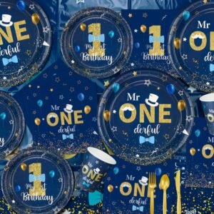 232 PCS Mr Onederful Birthday Decorations - Blue Gold Birthday Plates, Napkins, Cups, Balloons, Birthday Banner, Cake Topper and Tablecloth for Baby Shower 1st Birthday Boy Decorations, Serve 20