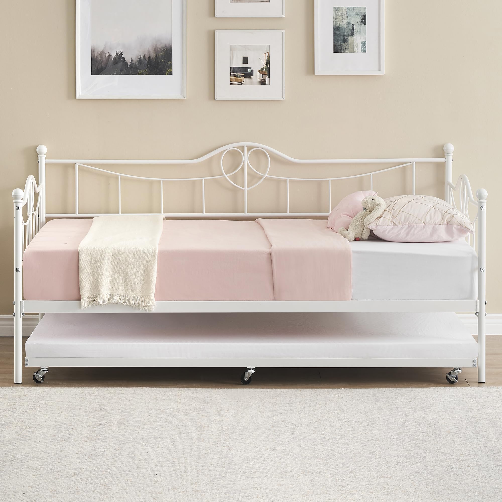 GAOMON Twin Day Bed with Trundle Bed Twin, Metal Daybed with Trundle, Daybed with Trundle Bed Frame, Steel Slat Support Sofa Bed for Kids Teens Adults, No Box Spring Needed, White