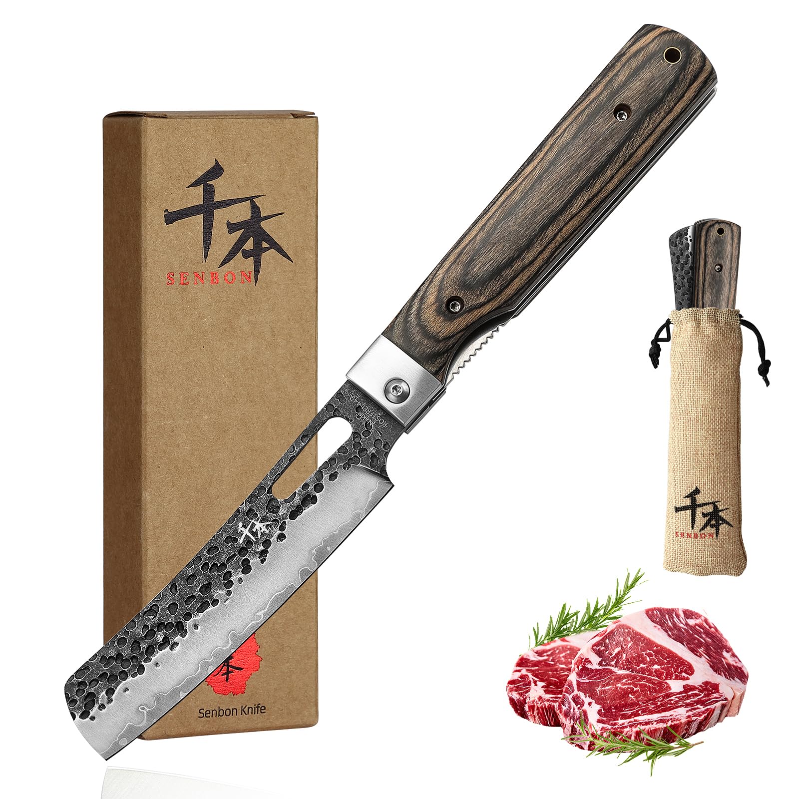 SENBON 440 Forged Stainless Steel Sharp Folding Chef Knife Peeling Utility Knife Fruit Knife Colorful Wood Handle Camping Barbecue Outdoor Pocket Portable Kitchen Knife