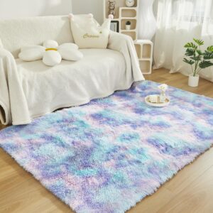 sucses pink rainbow area rugs for bedroom living room, plush shaggy tie dye fluffy carpet, colorful pastel ombre furry rug for kids teens girls (3ft x 5ft, pink)