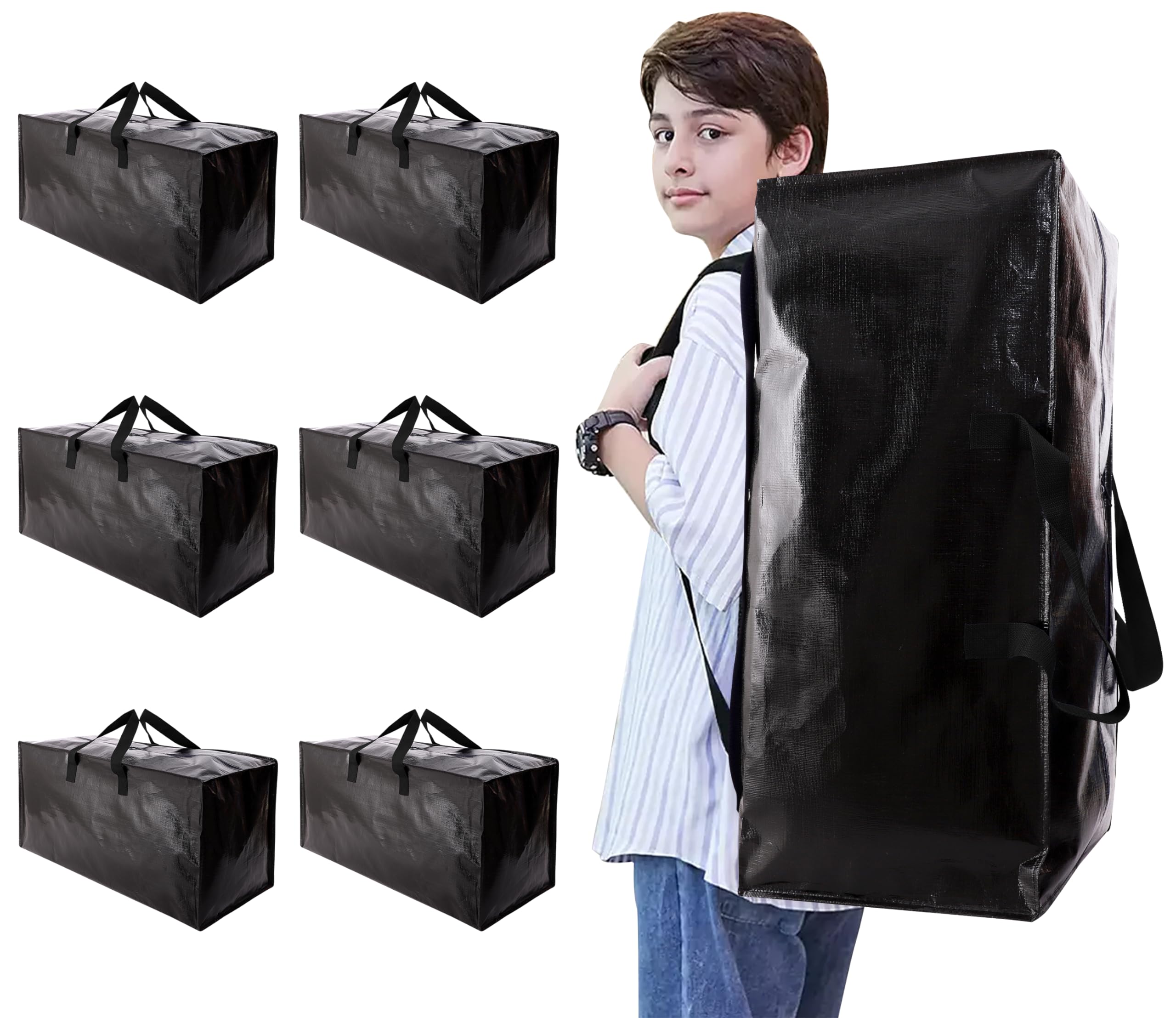 NATURELUX Heavy Duty Moving Bags with Backpack Straps and Strong Handles, Alternative to Moving Boxes and Storage Totes for Dorm Room Essentials, 6 Pack, Black