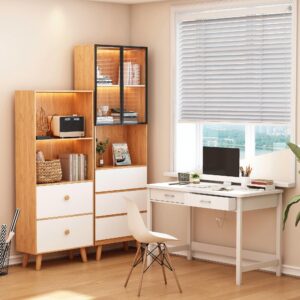 4NM 39.4" Small Desk with Wood Drawers, Home Office Computer Desk with Wooden Legs, Study Writing Table Vanity Desk for Small Spaces - White