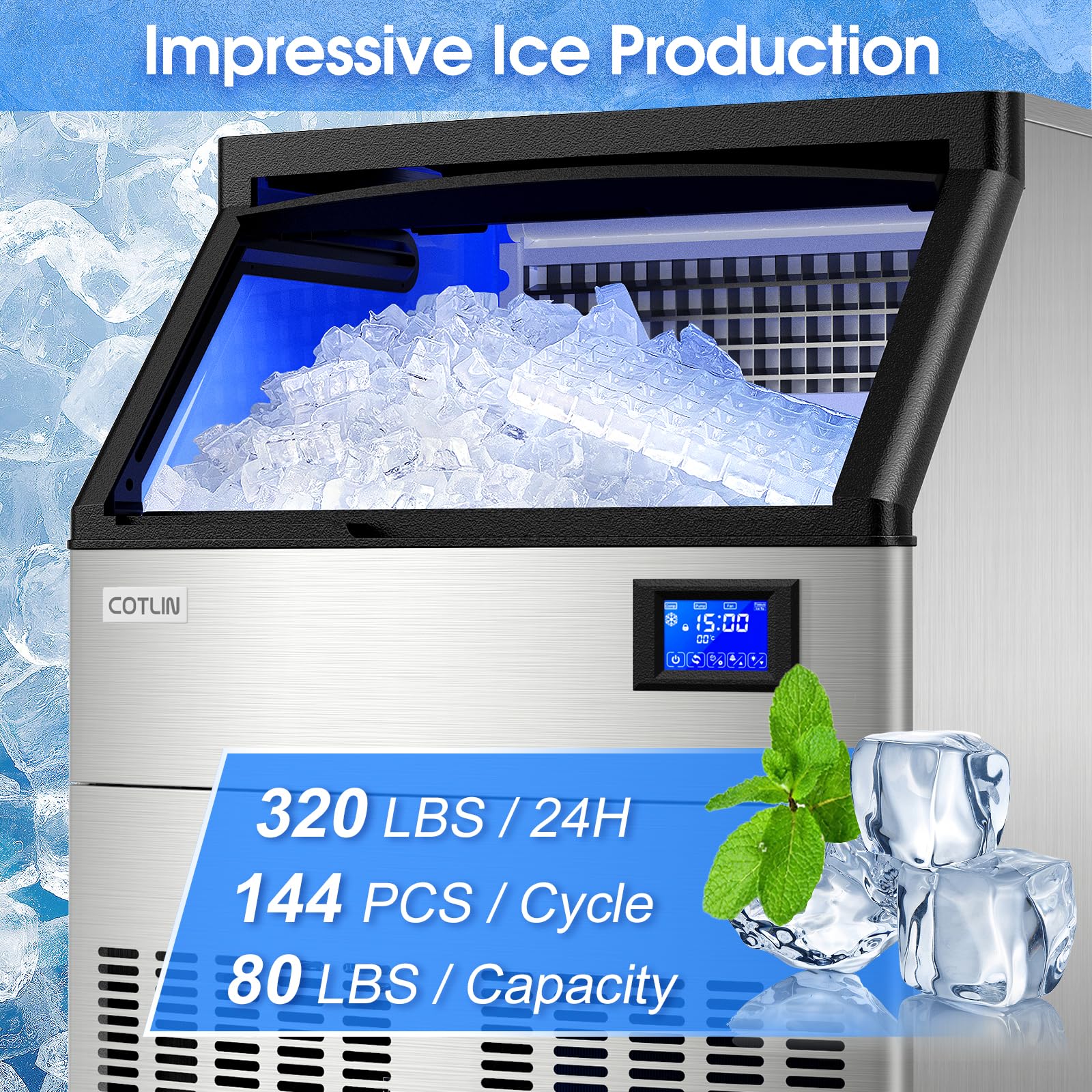 COTLIN Commercial Ice Maker Machine 320LBS/24H with 100LBS Storage Bin, 26” Air Cooled Under Counter Ice Machine with 10LBS Ice Bags Freestanding Clear Cube Ice Maker for Home Bar Restaurant, 115V