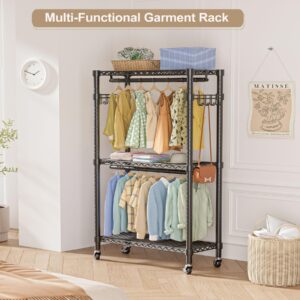 Maiproo Mini Clothing Rack Heavy Duty Clothes Rack with Wheels 3 Tiers Wire Shelving Adjustable with Double Rods and Side Hooks Rolling Clothing Racks for Hanging Clothes Coat Rack Freestanding