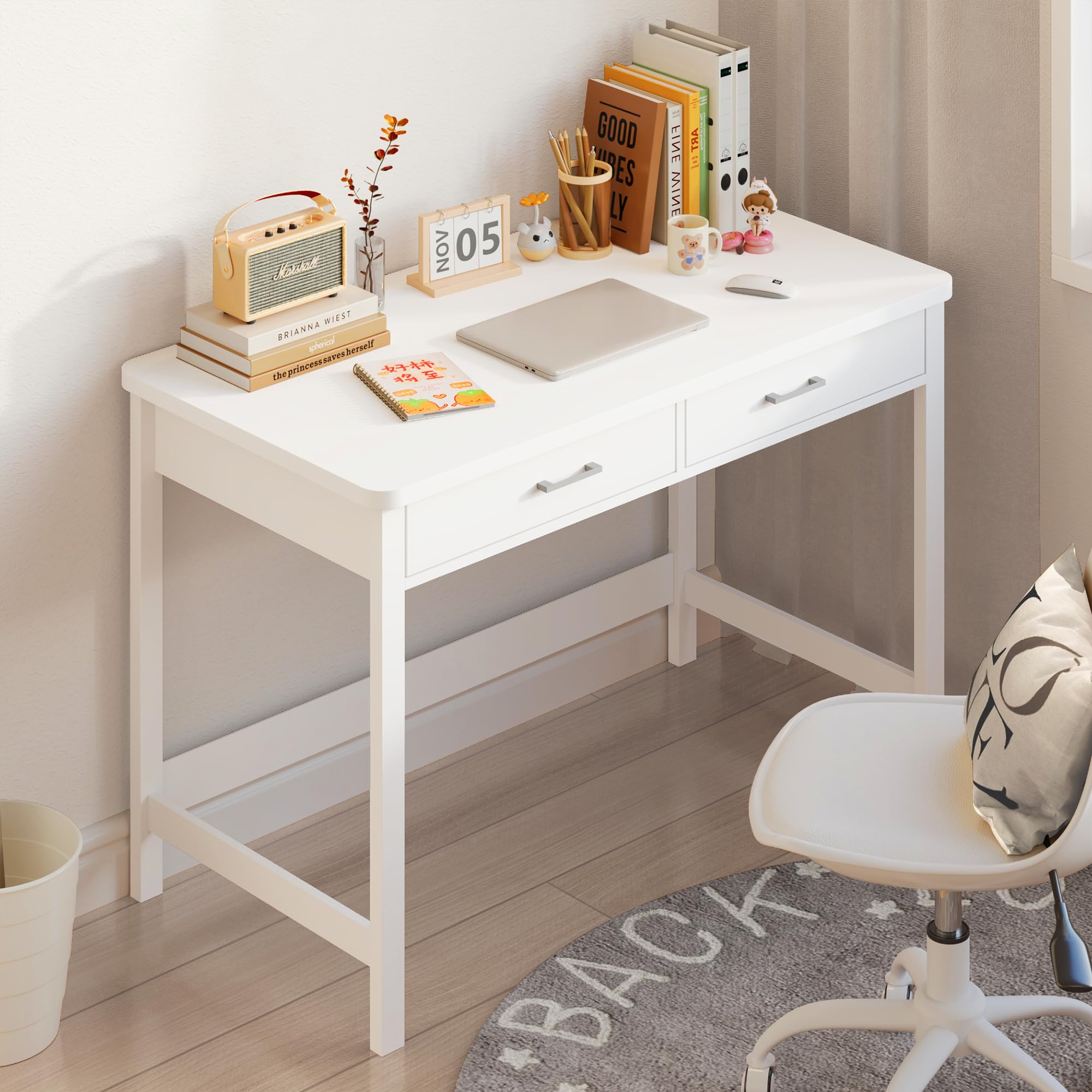 4NM 39.4" Small Desk with Wood Drawers, Home Office Computer Desk with Wooden Legs, Study Writing Table Vanity Desk for Small Spaces - White