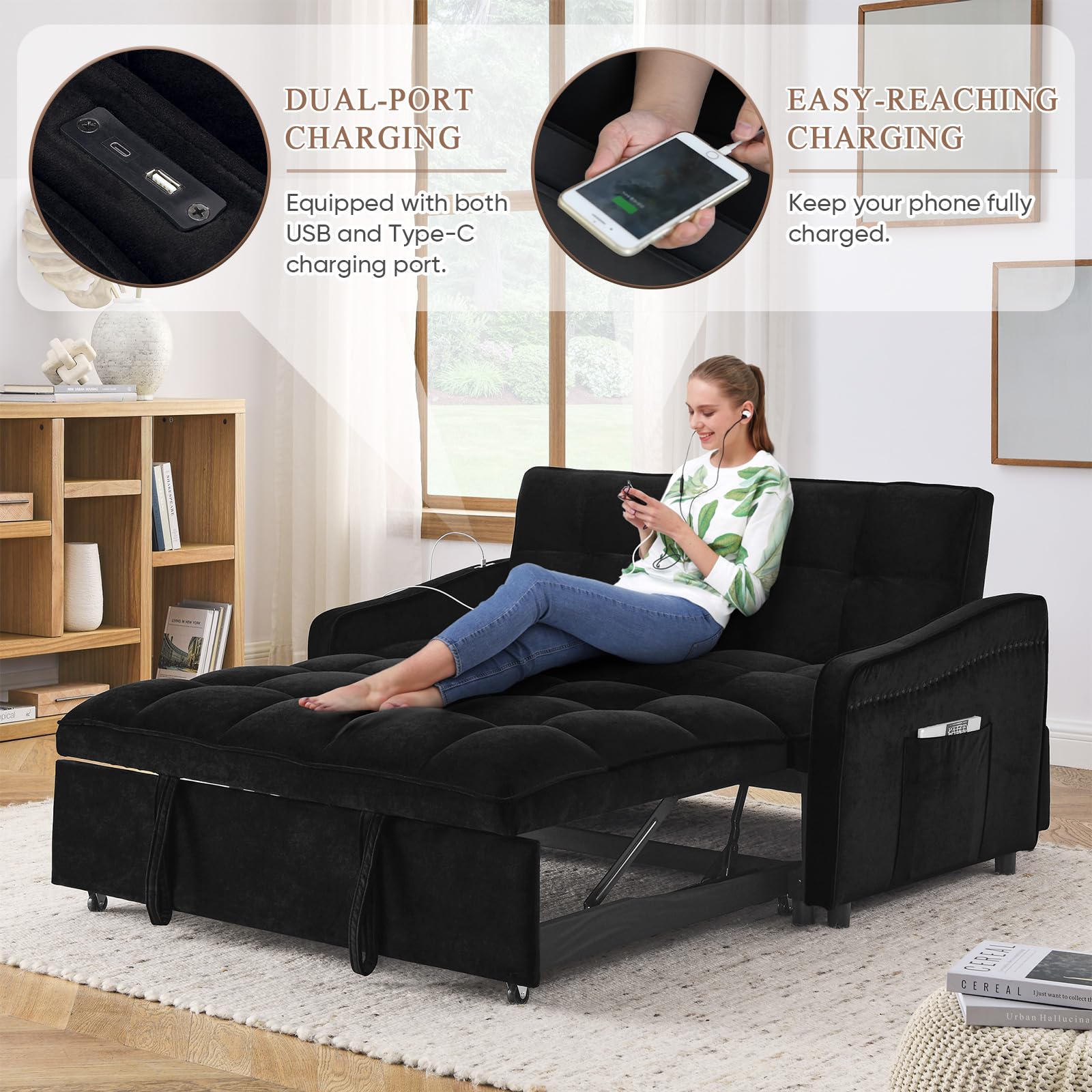 3 in 1 Sleeper Sofa Couch Bed with USB & Type C Port, 52" Small Modern Convertible Tufted Velvet Loveseat Sofa w/Pull Out Bed for Living Room Small Space Apartment, Black