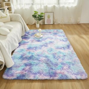 SUCSES Pink Rainbow Area Rugs for Bedroom Living Room, Plush Shaggy Tie Dye Fluffy Carpet, Colorful Pastel Ombre Furry Rug for Kids Teens Girls (3ft x 5ft, Pink)