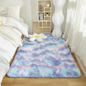 SUCSES Pink Rainbow Area Rugs for Bedroom Living Room, Plush Shaggy Tie Dye Fluffy Carpet, Colorful Pastel Ombre Furry Rug for Kids Teens Girls (3ft x 5ft, Pink)