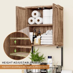 Yoimori Over The Toilet Storage, Double Door Bathroom Organizer,Bathroom Storage Space with Inner Adjustable Shelf and Toilet Paper Holder, Hooks, Wooden Bathroom Wall Organizer(Rustic Brown)