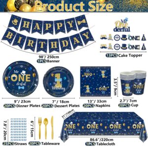 232 PCS Mr Onederful Birthday Decorations - Blue Gold Birthday Plates, Napkins, Cups, Balloons, Birthday Banner, Cake Topper and Tablecloth for Baby Shower 1st Birthday Boy Decorations, Serve 20