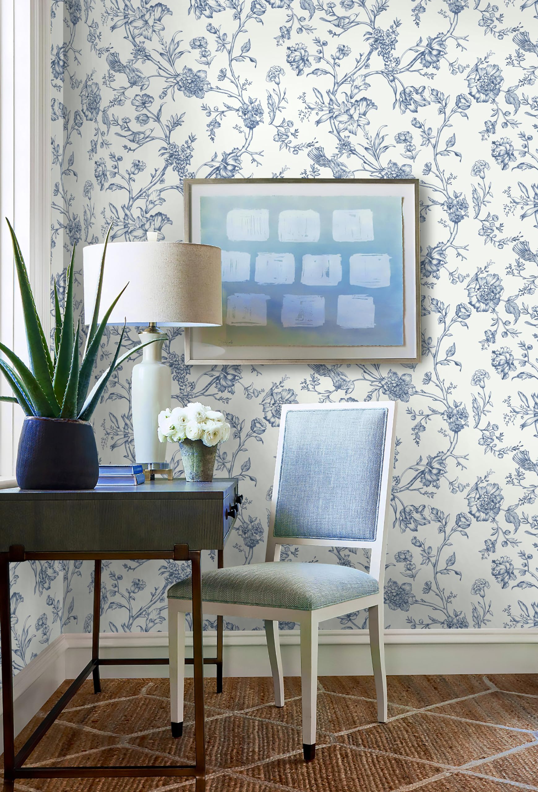 Safiyya Peel and Stick Wallpaper Floral Birds Contact Paper Blue White Wallpaper Peel and Stick Removable Wallpaper Boho Wallpaper Flower Contact Paper for Walls Vinyl Rolls 118"x17.3"