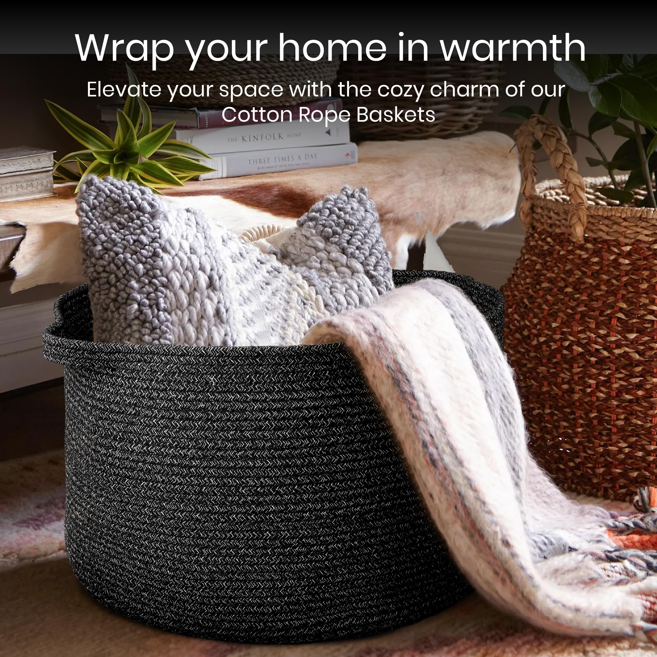 XXXL Large Blanket Basket 22x22x14 inch, Big Woven Basket for Blankets Storage, Throw Blanket Storage for Living Room Organizer, Extra Large Cotton Rope Laundry Blanket Basket for Cloth Storage -Black