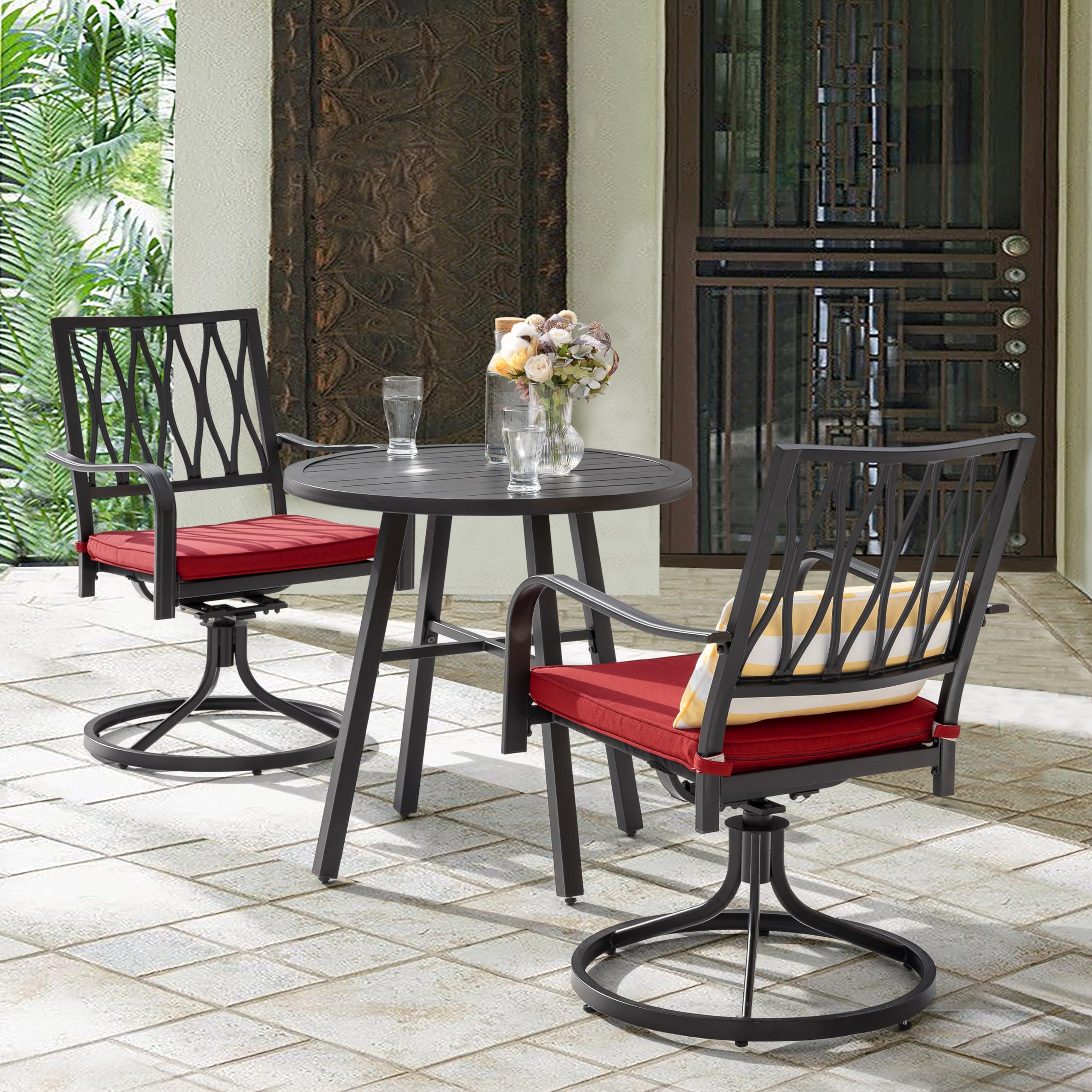 NUU GARDEN 3 Pieces Swivel Rocker Patio Bistro Set Outdoor Furniture Porch Cushioned Swivel Rocker Chairs Conversation Sets with Round Iron Coffee Table,Black&Red