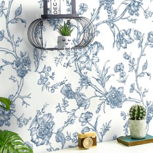 Safiyya Peel and Stick Wallpaper Floral Birds Contact Paper Blue White Wallpaper Peel and Stick Removable Wallpaper Boho Wallpaper Flower Contact Paper for Walls Vinyl Rolls 118"x17.3"