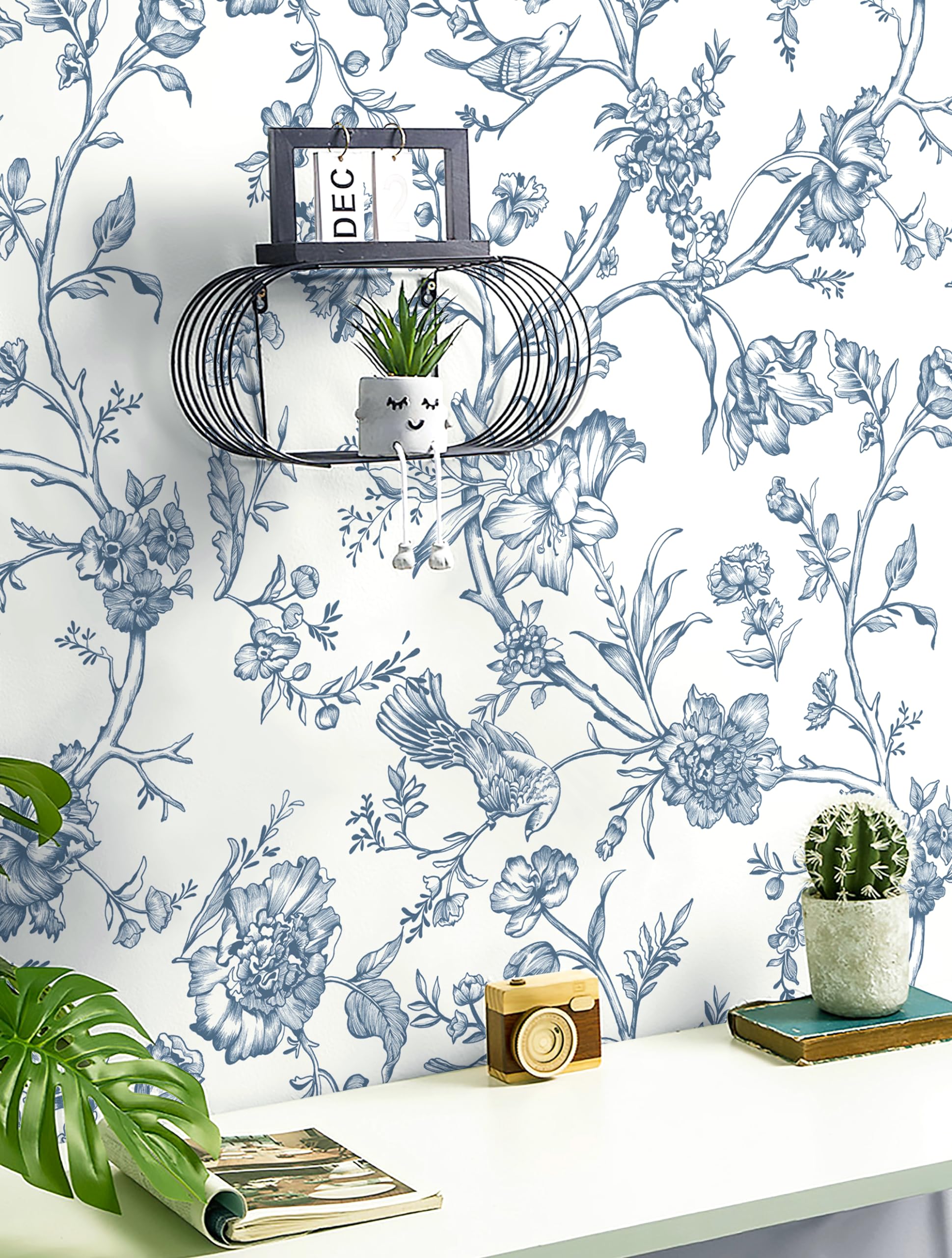 Safiyya Peel and Stick Wallpaper Floral Birds Contact Paper Blue White Wallpaper Peel and Stick Removable Wallpaper Boho Wallpaper Flower Contact Paper for Walls Vinyl Rolls 118"x17.3"