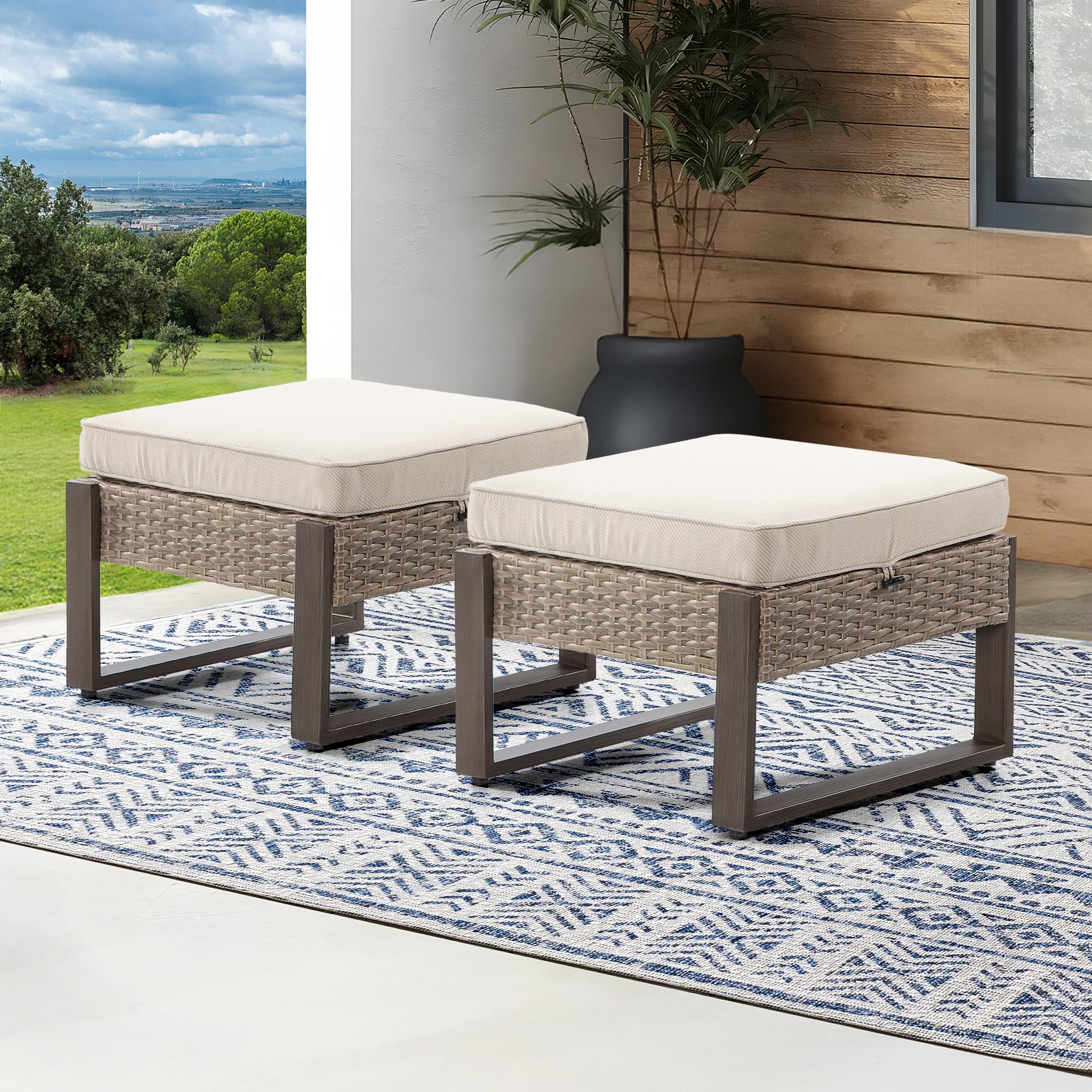 MeetLeisure Patio Wicker Ottoman Set of 2, Outdoor PE Rattan Footstools with Removable Cushions & Wood Looking Metal Steel Framed Legs for Garden Backyard Porch Deck, Beige