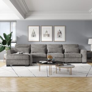 lonkwa modern grey 130'' l-shape linen sofa, 4 seat sectional couch with 4 pillow, storage ottomans, convertible sofa bed for living room