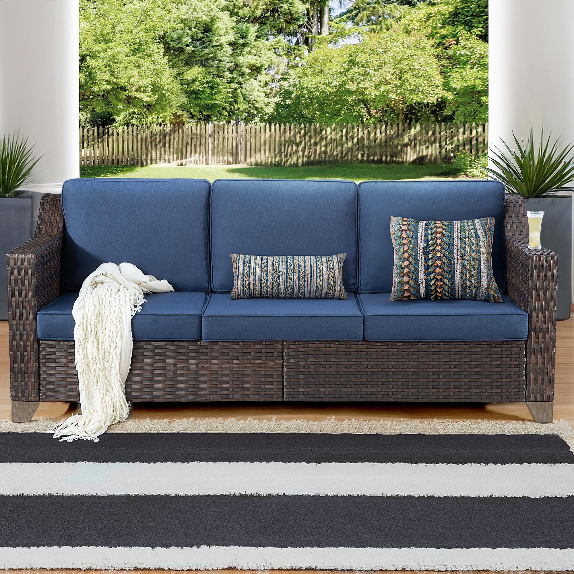 Gardenbee Patio Couch, All Weather Outdoor Rattan Wicker 3-Seat Sofa High Back Couch with Premium Cushions for Garden Backyard Porch(Brown/Navy)