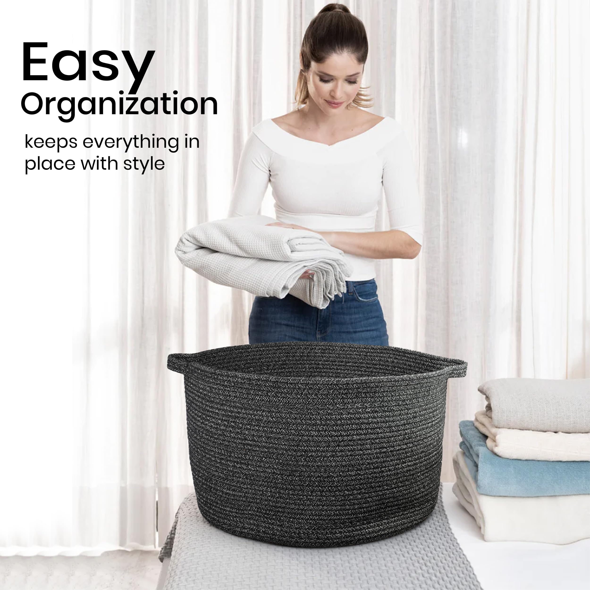 XXXL Large Blanket Basket 22x22x14 inch, Big Woven Basket for Blankets Storage, Throw Blanket Storage for Living Room Organizer, Extra Large Cotton Rope Laundry Blanket Basket for Cloth Storage -Black