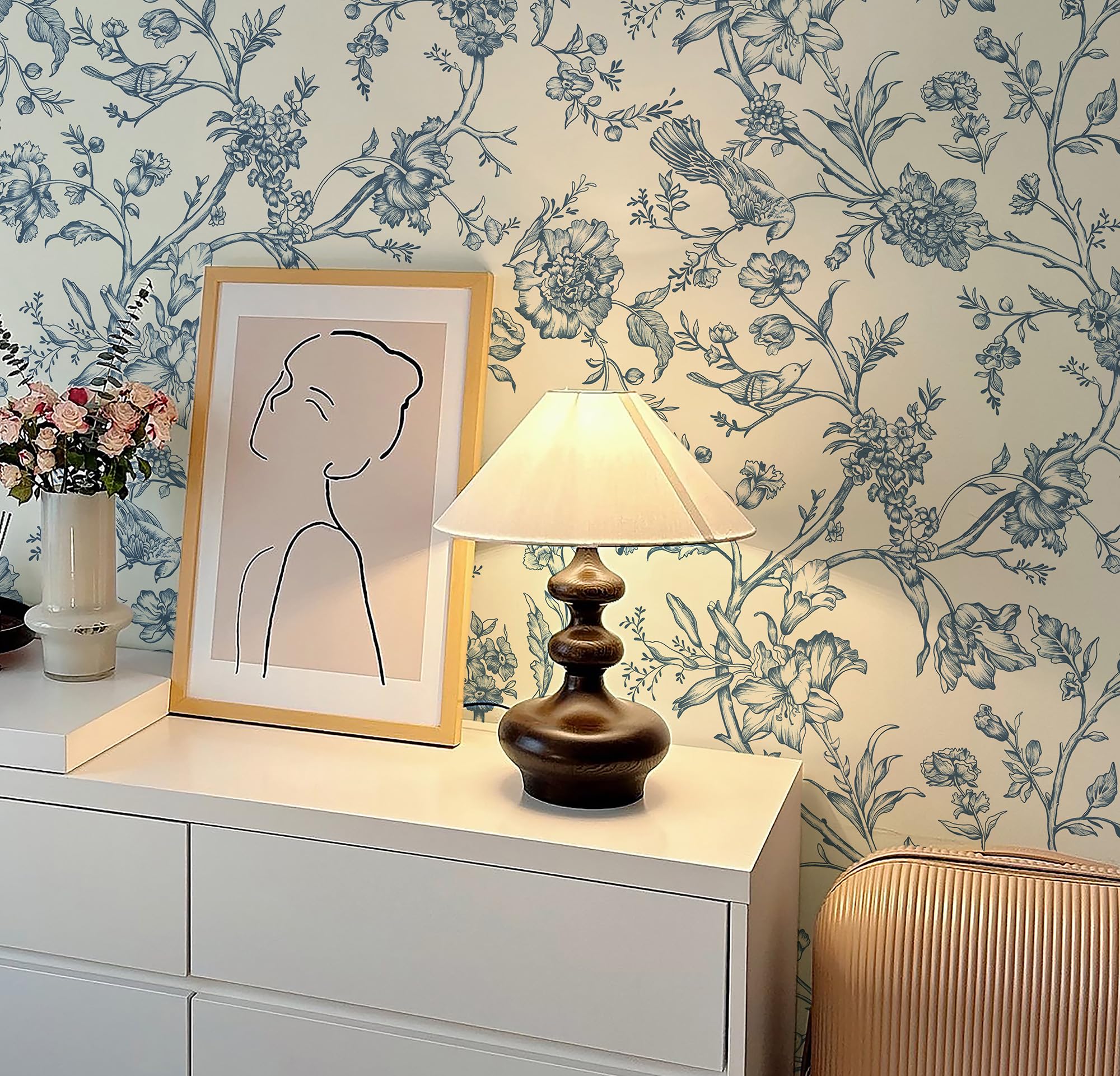 Safiyya Peel and Stick Wallpaper Floral Birds Contact Paper Blue White Wallpaper Peel and Stick Removable Wallpaper Boho Wallpaper Flower Contact Paper for Walls Vinyl Rolls 118"x17.3"