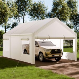 Shintenchi 10x20ft Heavy Duty Carport, Portable Garage with Removable Sidewalls, Door and Ventilated Windows, UV Resistant Waterproof Carport Canopy for Outdoor, All-Season Tarp for Car (White)