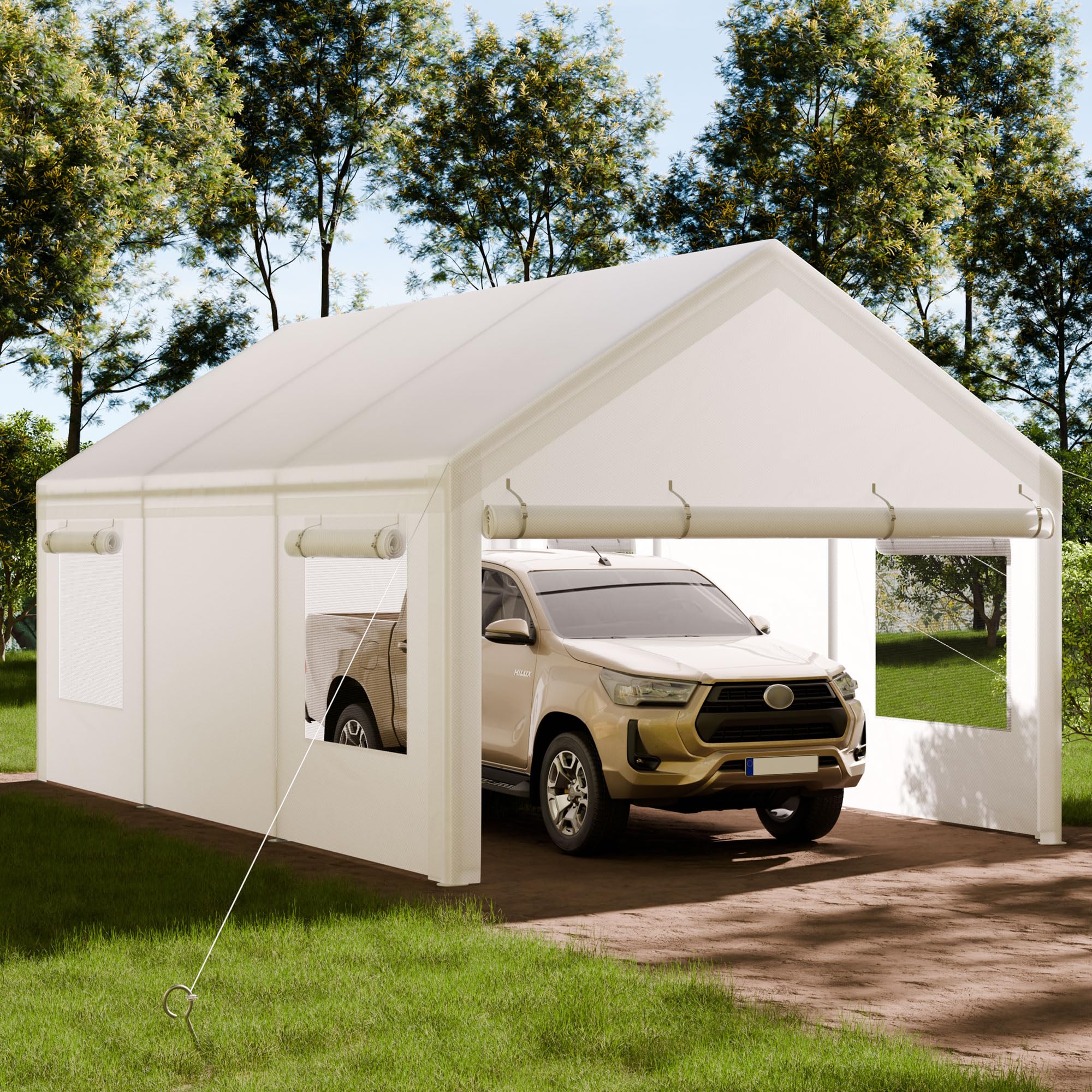 Shintenchi 10x20ft Heavy Duty Carport, Portable Garage with Removable Sidewalls, Door and Ventilated Windows, UV Resistant Waterproof Carport Canopy for Outdoor, All-Season Tarp for Car (White)