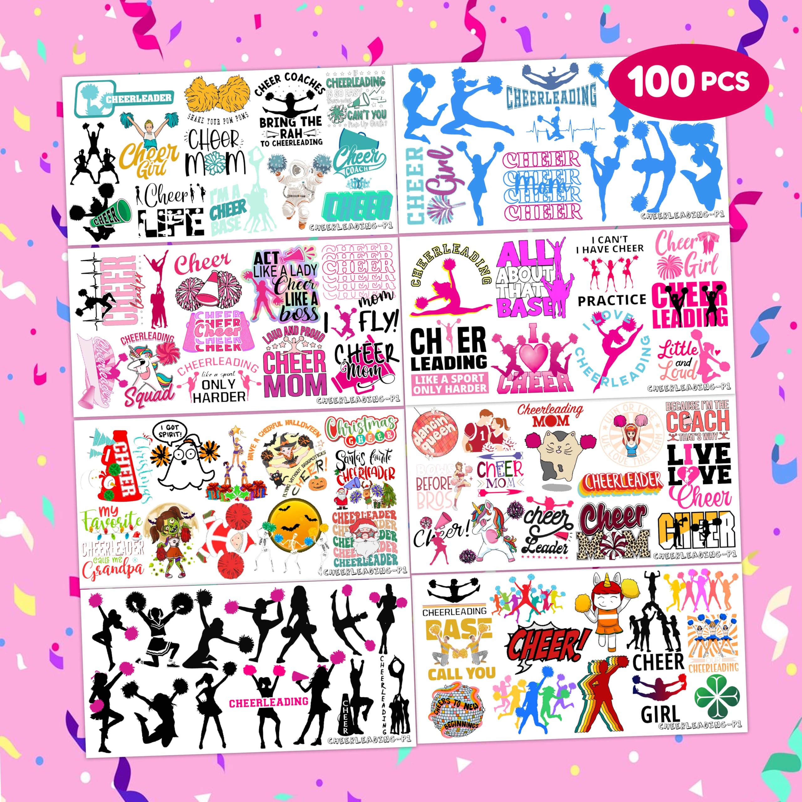 96 PCS Cheer Cheerleader Stickers Cheerleading Birthday Party Decorations Pom Pom Favors Supplies Team Spirit Tattoos Decor for Kids Boys Girls Gifts Classroom School Prizes Rewards