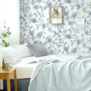 Safiyya Peel and Stick Wallpaper Floral Birds Contact Paper Blue White Wallpaper Peel and Stick Removable Wallpaper Boho Wallpaper Flower Contact Paper for Walls Vinyl Rolls 118"x17.3"