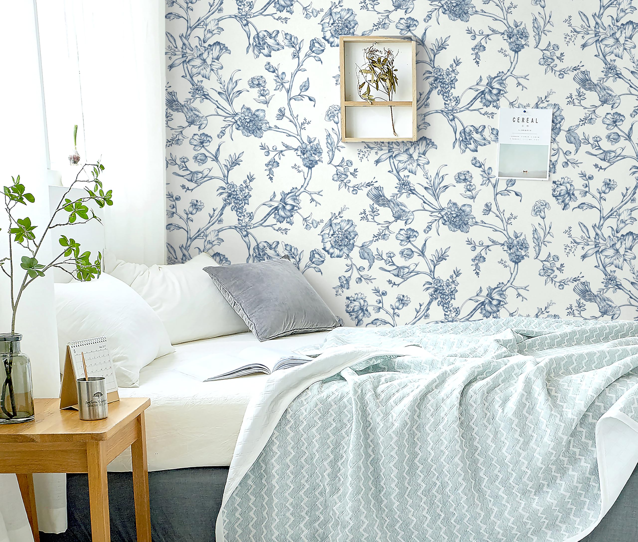 Safiyya Peel and Stick Wallpaper Floral Birds Contact Paper Blue White Wallpaper Peel and Stick Removable Wallpaper Boho Wallpaper Flower Contact Paper for Walls Vinyl Rolls 118"x17.3"