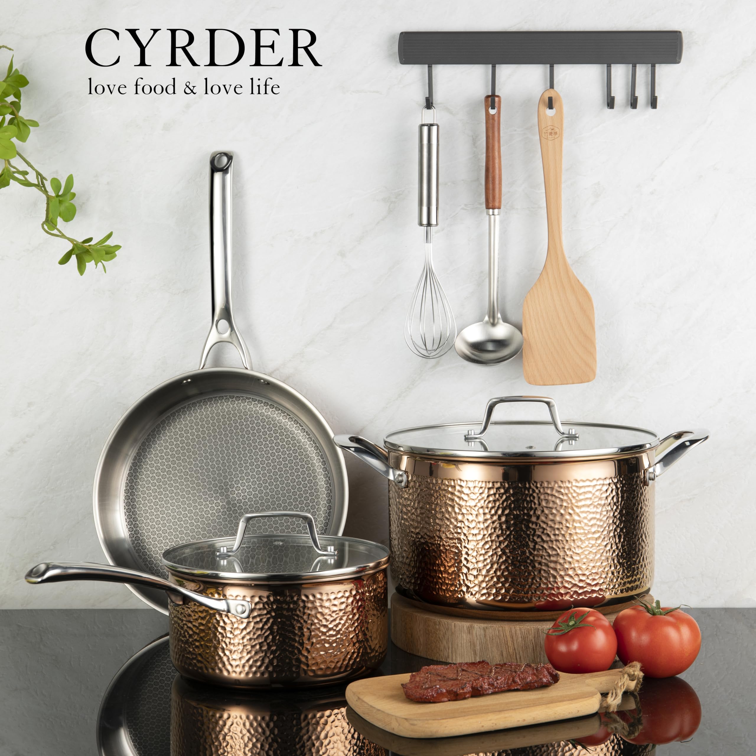 Cyrder Stainless Steel Pots and Pans Set, Luxury Tri-Ply Hammered Kitchenware Cookware with Lids, Heavy Duty & Non-Toxic Rose Gold Special Hammered Pattern Detail, 5-Piece