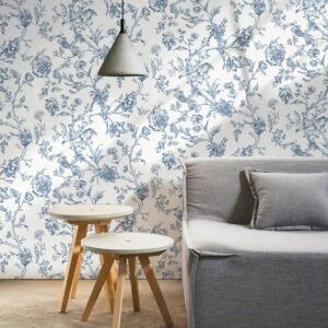 Safiyya Peel and Stick Wallpaper Floral Birds Contact Paper Blue White Wallpaper Peel and Stick Removable Wallpaper Boho Wallpaper Flower Contact Paper for Walls Vinyl Rolls 118"x17.3"